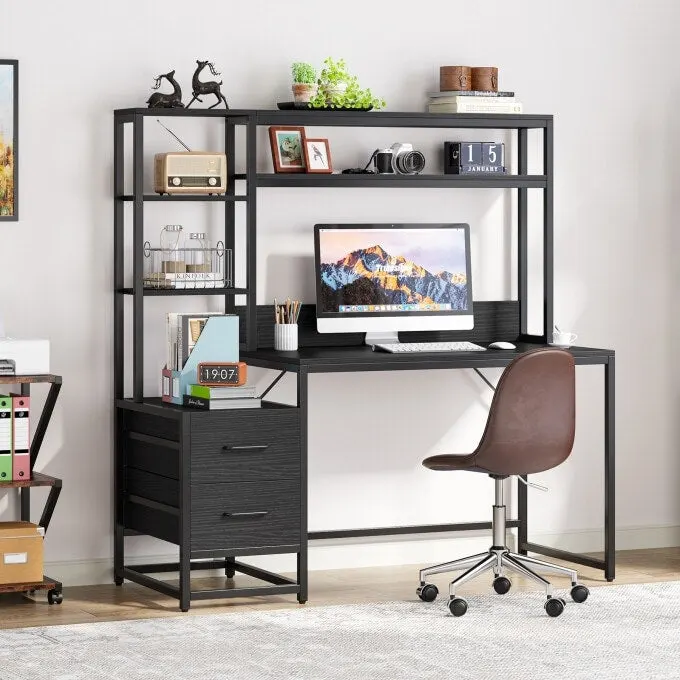 Rustic Computer Office Desk with Drawers and Hutch