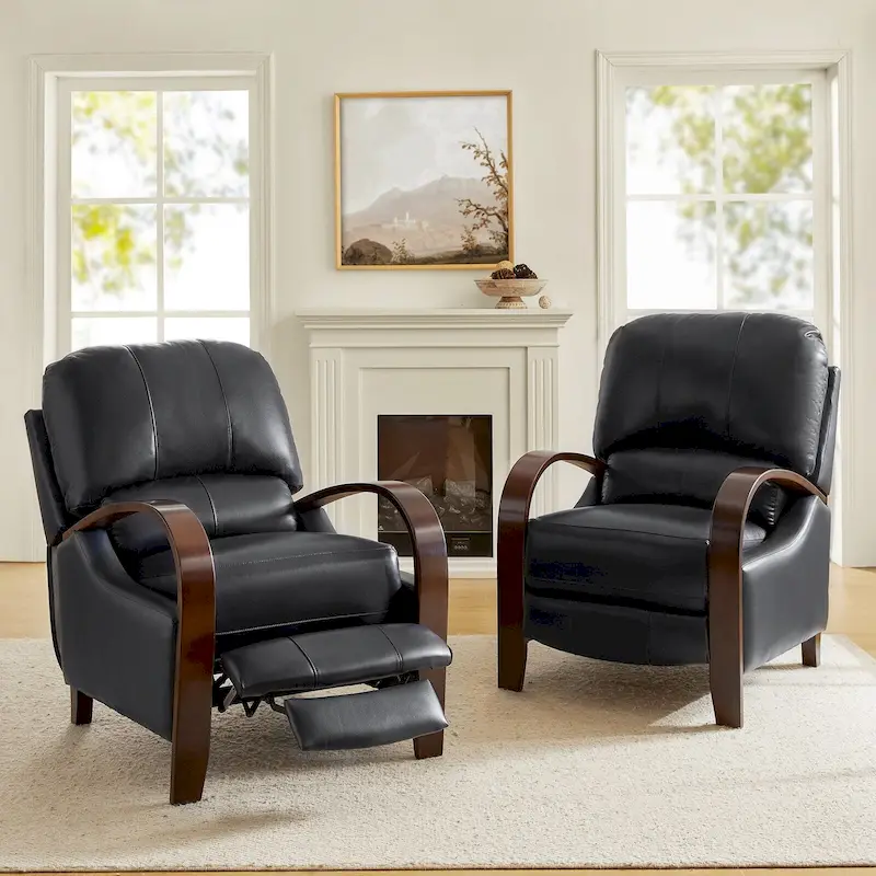 Alex Mid-century Modern Cigar Genuine Leather Manual Recliner with Wooden Curved Arms, Set of 2
