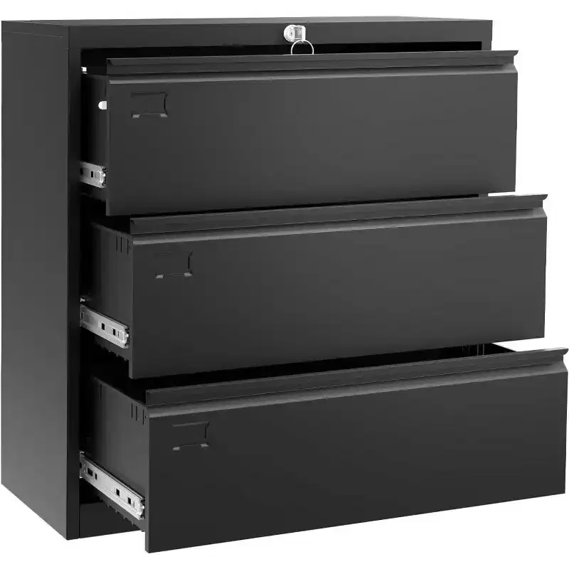 Acekool 3-Drawer Lateral File Cabinet with Lock, Metal Storage Organizer for Letter/Legal/A4 Files, Space-Saving Black Office Cabinet