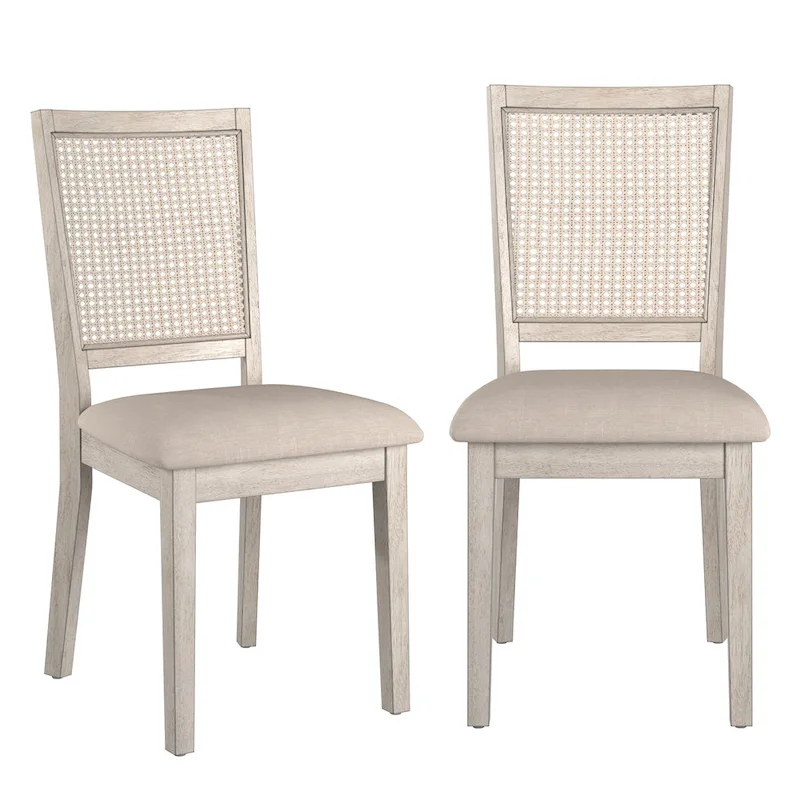 Beige Linen Rattan Back Dining Chairs (Set of 2)