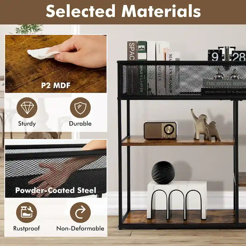 4-Tier Console Table w/ Wire Basket Narrow Sofa Table w/ shelf