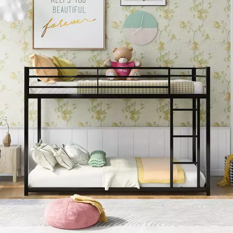 Whisen Twin over Twin Metal Low Bunk Bed with Ladder and Guardrail