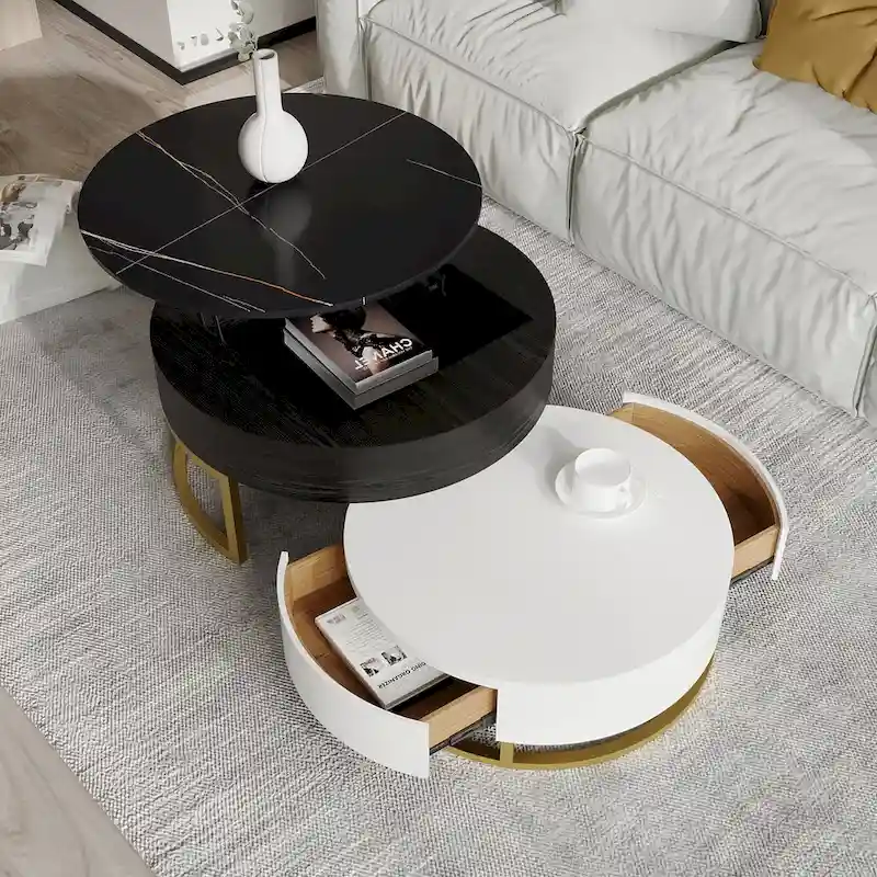 Round Wood Lift-top Nesting Coffee Table with Rotatable Drawers
