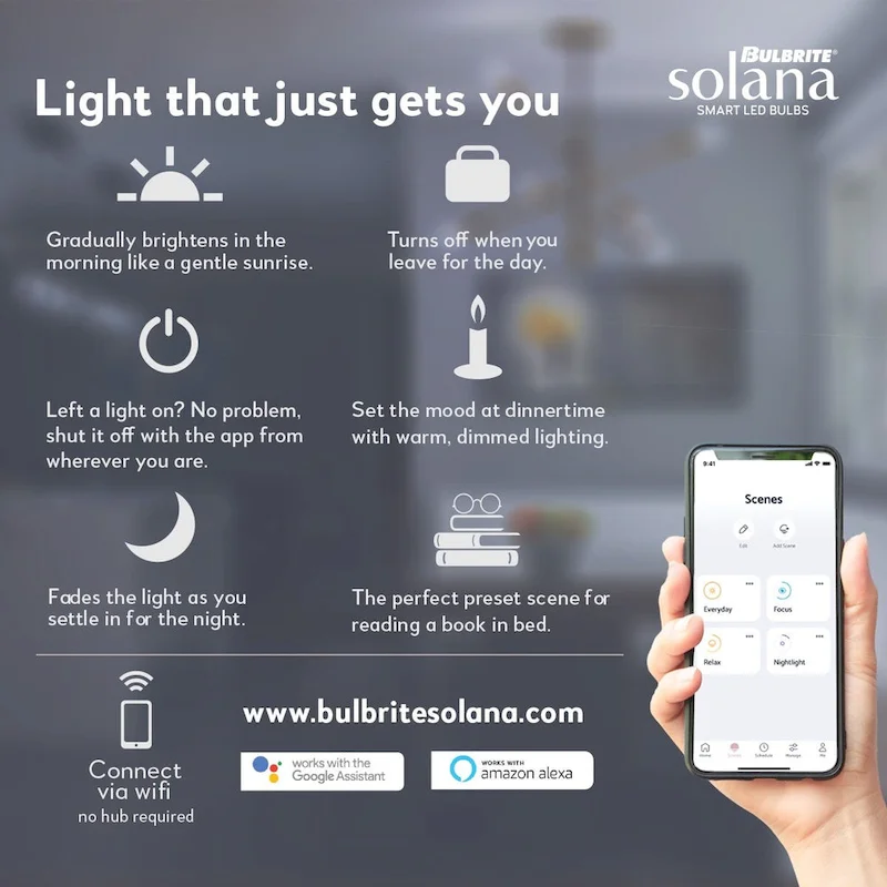 Bulbrite Solana 60 Watt Equivalent A19 Smart WiFi Connected LED Light Bulb, Frost