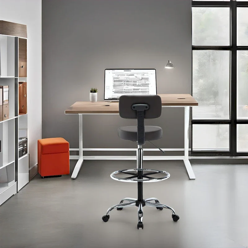 Height Adjustable Drafting Stool - With Premium Leather, Rolling Wheels