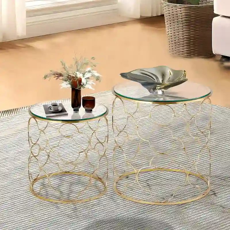 Coffee Table Set of 2 with Glass Top and Metal Wire, Round Side End Table