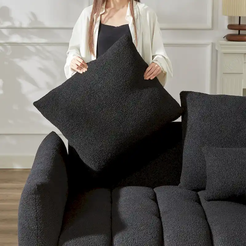 2-Pieces 6-Seat Teddy Fabric Sectional Sofa Set (3+3) with Wooden Frame & 6 Pillows