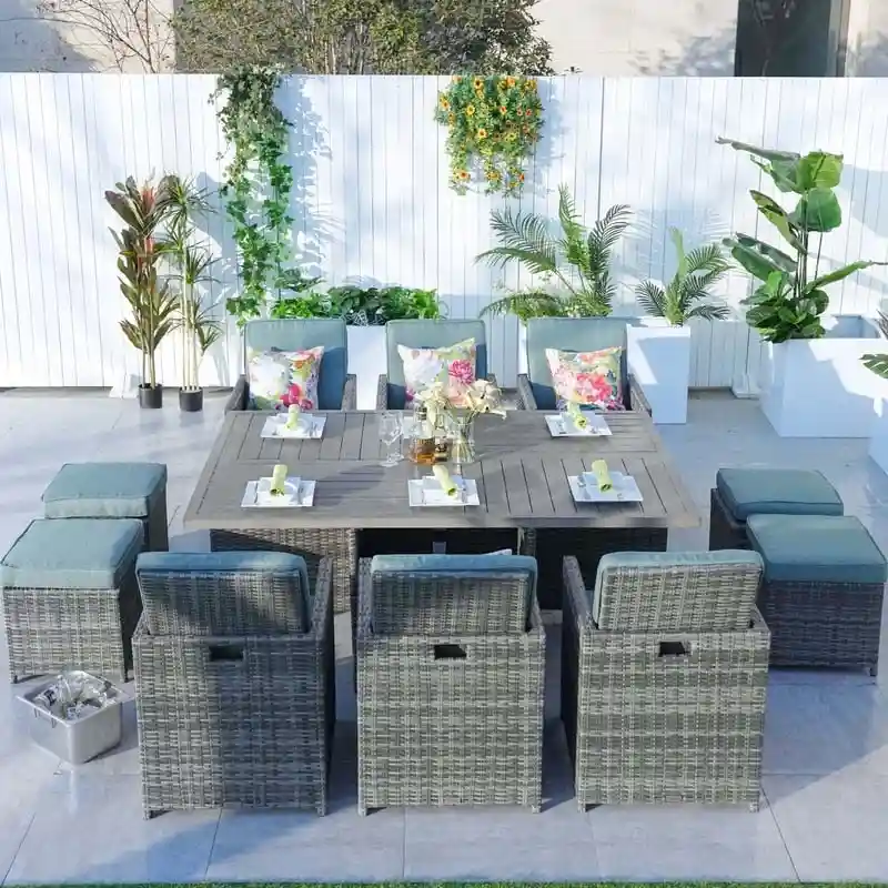 11-Piece Patio Wicker Aluminum Dining Table Set w/ Chairs and Ottomans