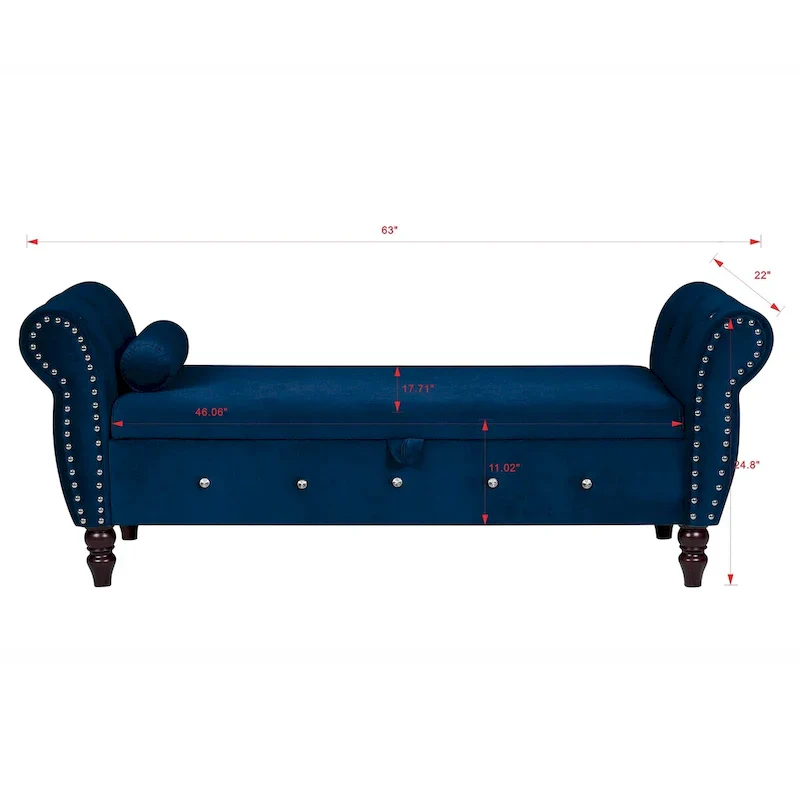 63.4 in. Velvet Bedroom Bench with Solid Wood Legs & 1 Pillow Nail Storage Ottoman Bench with Armrest Crystal Buckle