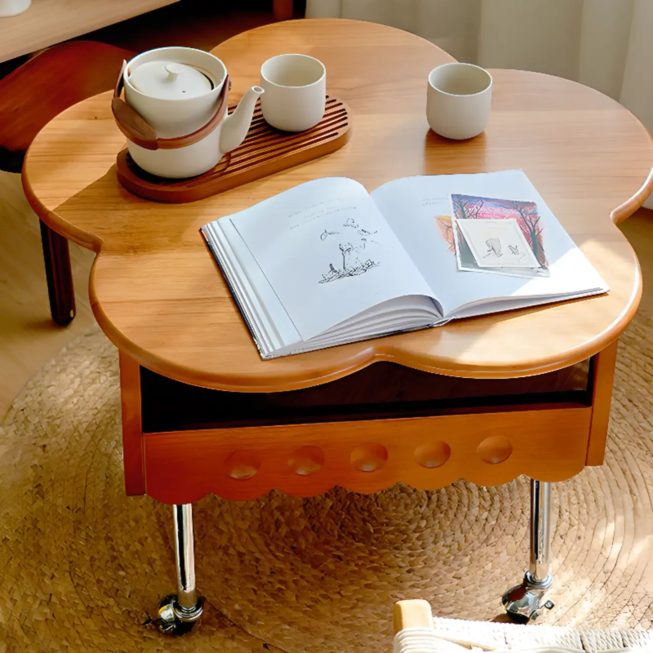 Adjustable Walnut Wood Flower Shaped Coffee Table with Wheels