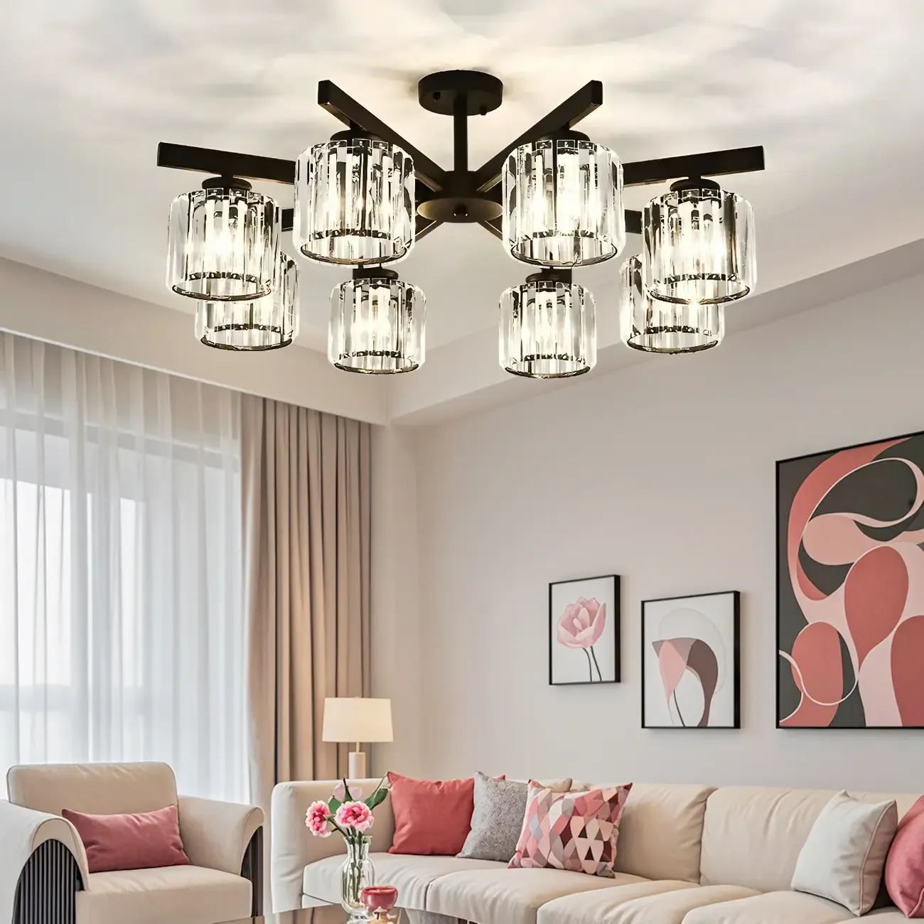 Modern Large Black Cylinder Crystal Semi Flush Ceiling Light