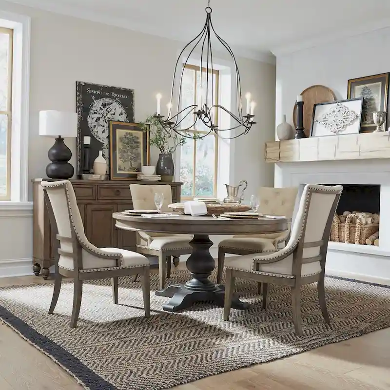 Americana Farmhouse Dusty Taupe Pedestal Table Set with Dining Chairs Options