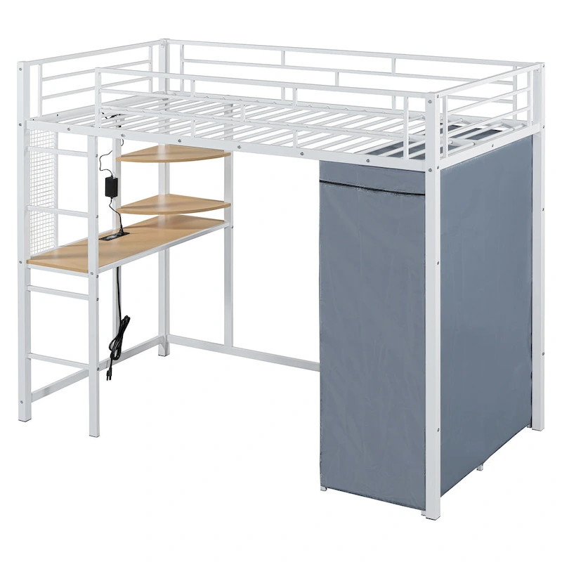 Twin Metal Loft Bed with Built-in Desk, Wardrobe & Power Outlet - 350LB Capacity