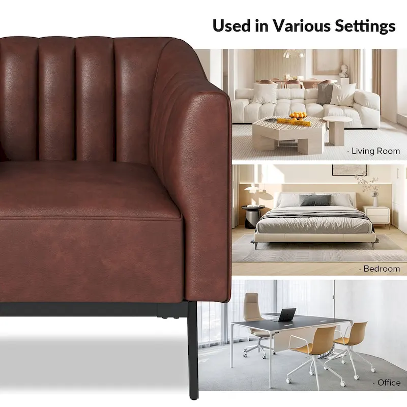 Channel Tufted PU Leather Accent Chair, Navy/Grey/Camel/Brown/Black, Metal Legs, Set of 2