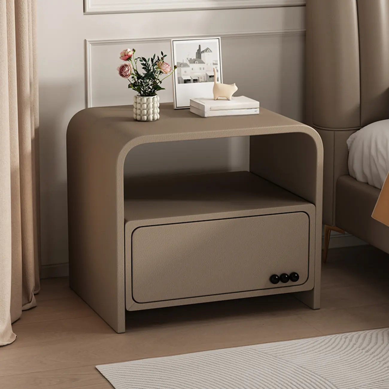 Elegant Modern White Faux Leather Wood Drawer Nightstand
