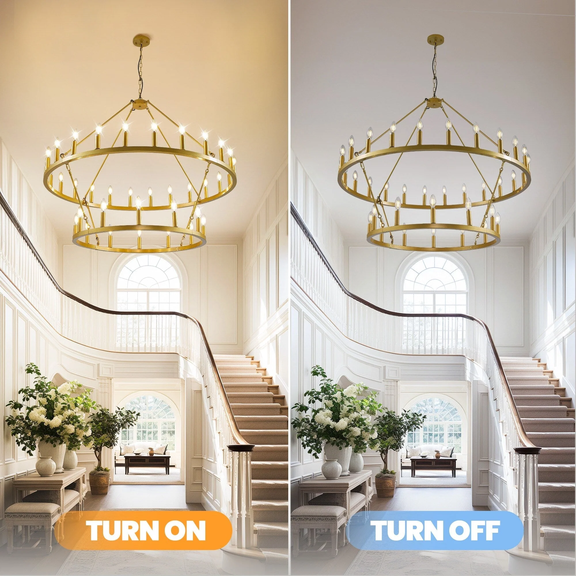 Modern Farmhouse Chandelier 2 Tier Round Wagon Wheel Chandelier Large High Ceiling Light.