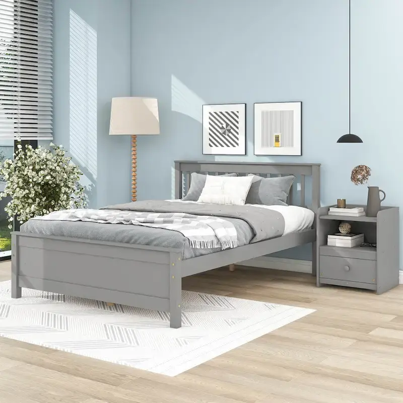 Grey Pine Wood Full Bed with Slatted Headboard and Footboard - No Box Spring Required, Includes Nightstand