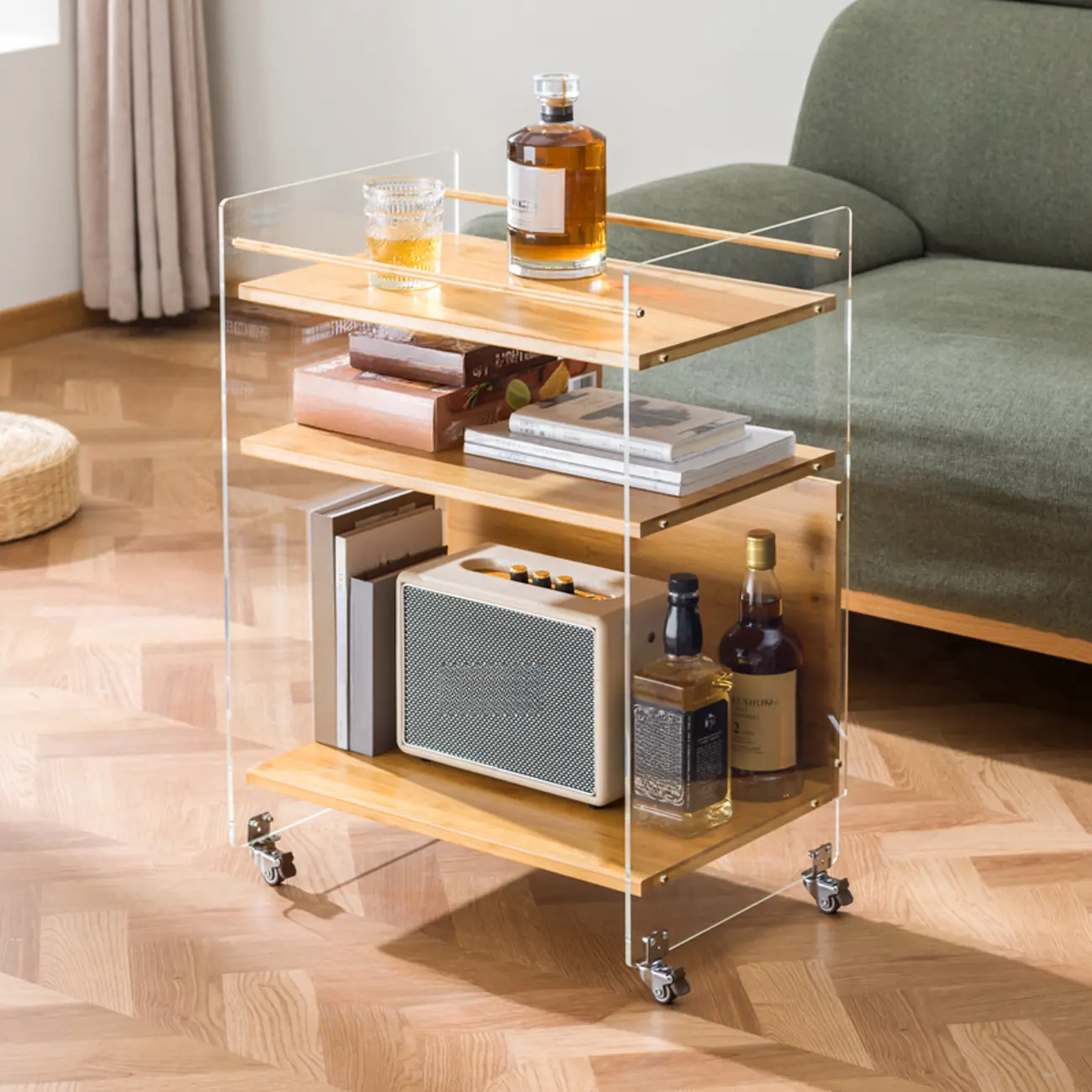 Trendy Moso Bamboo Acrylic 3-Shelf Side Table with Wheels