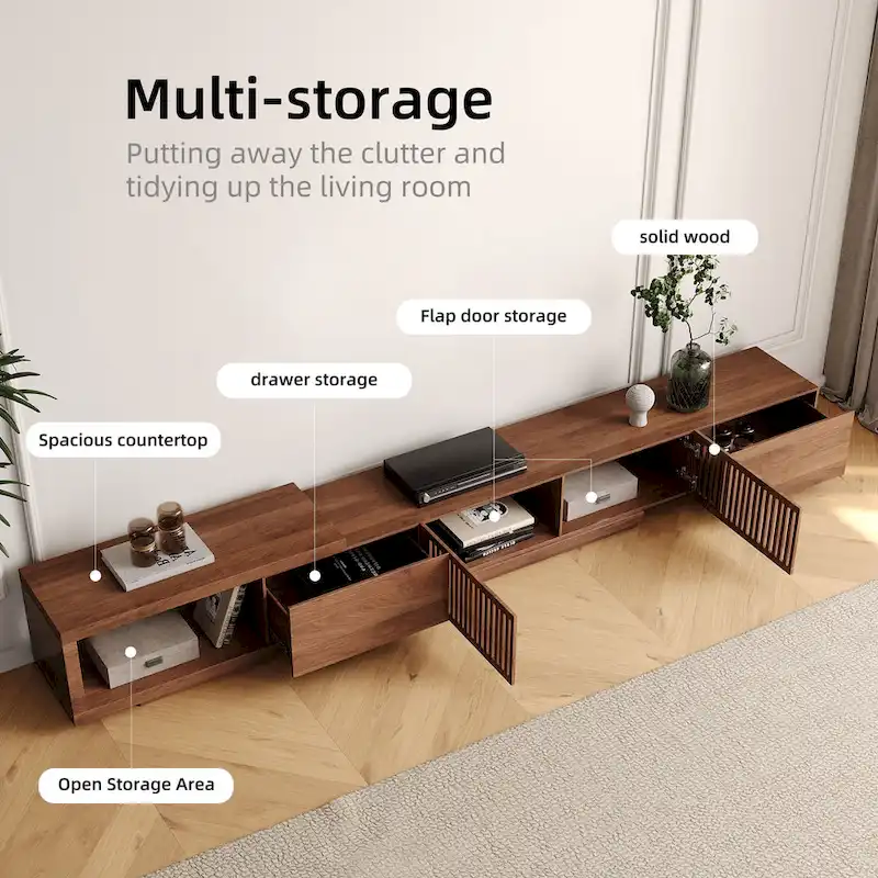 Modern Retractable & Extendable TV Stand with 4 Drawers, Up to 103 Inches - 78.54D x 15.74W x 13.78H