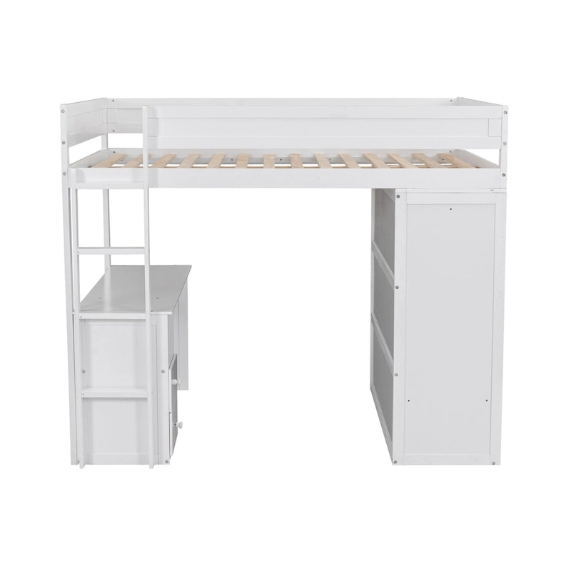 White Pine Wood Loft Bed with Wardrobes, 2-Drawer Desk, and Cabinet, Full-Length Guardrail
