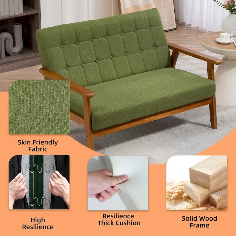 Mid-Century Linen/PU Upholstered Wood Frame Tufted Loveseat Sofa