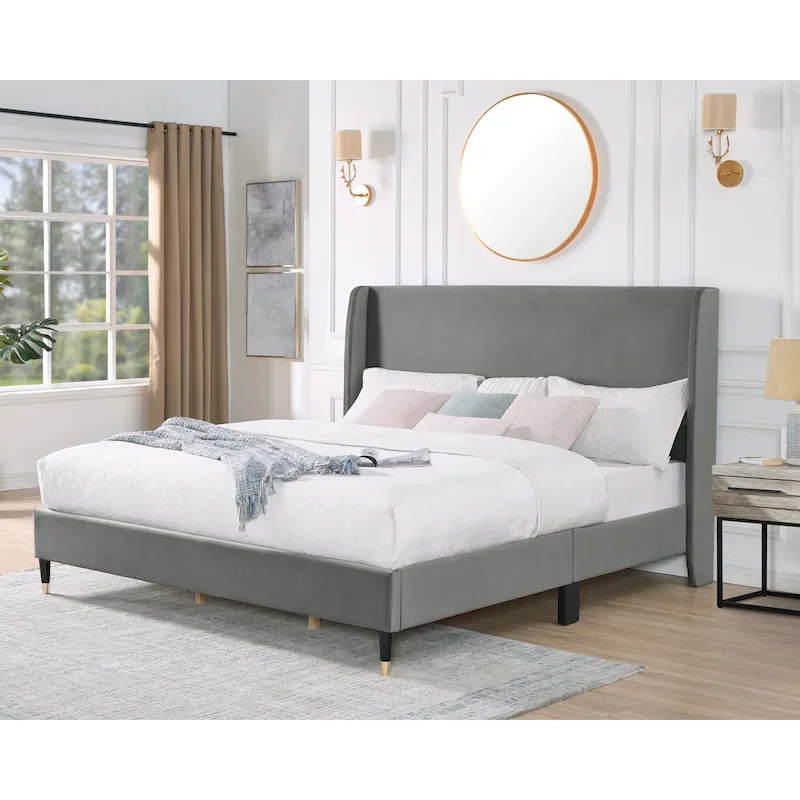 Gray King Size Modern Style Platform Bed with Wingback Design Velvet Headboard for Bedroom