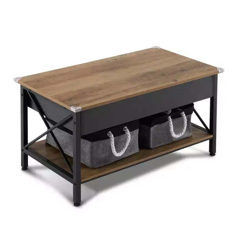 Adjustable Side X-shaped Metal Frame Rectangular P2 Board Brown Panel Black Wood Grain Side Panel Coffee Table