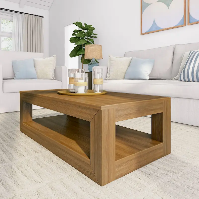 Plank and Beam Modern Rectangular Coffee Table with Shelf