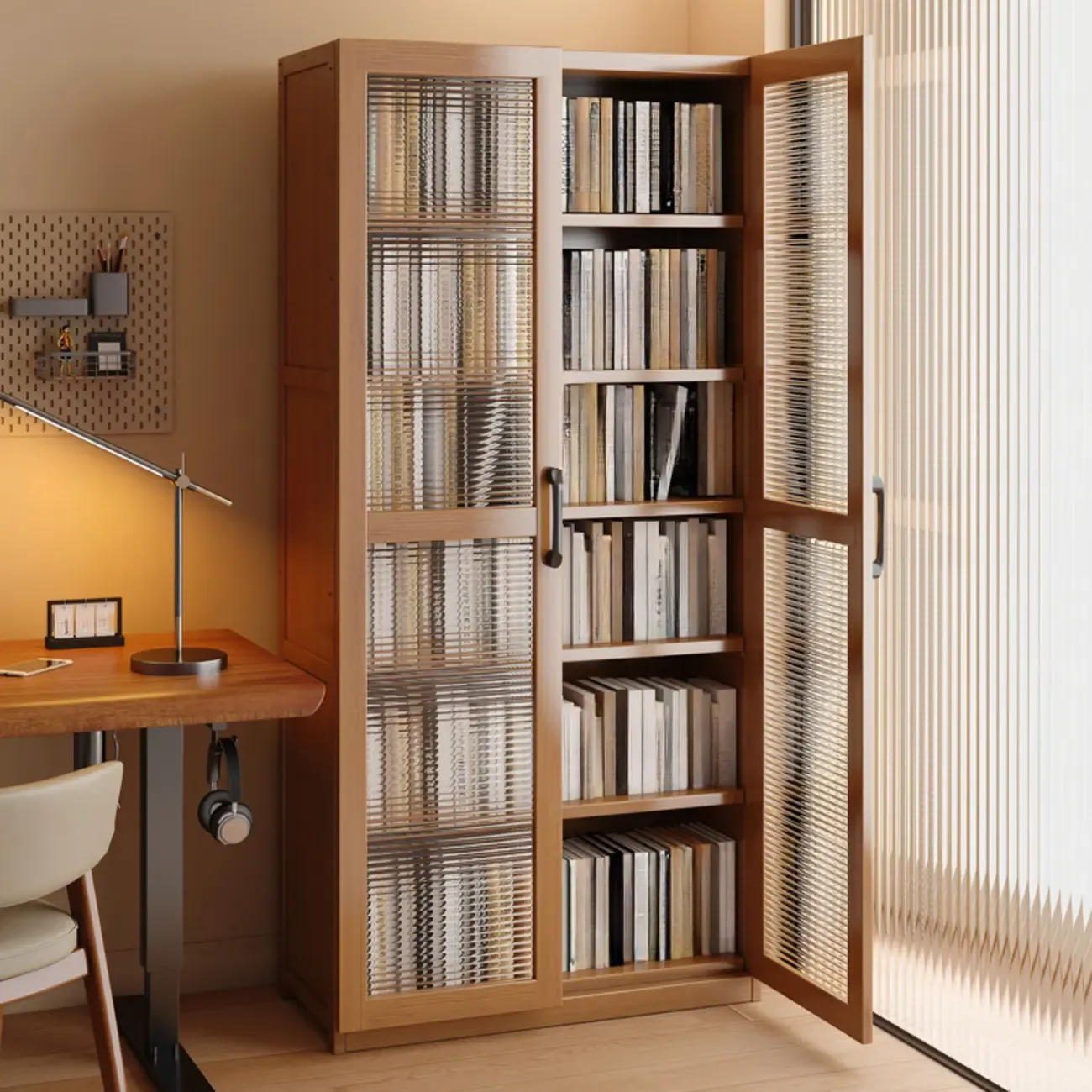 Classic 6-Tier Premium Wood Glass Door Wide Bookcase