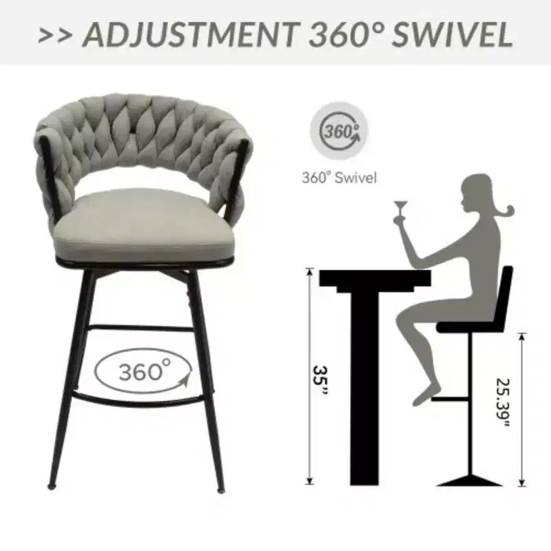Back and Footrest Included, 2 Linen Woven Swivel Bar Stools Set, Non-Adjustable Kitchen Chairs