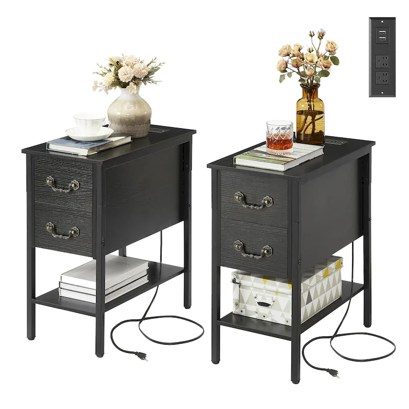 End Table with Charging Station, Narrow Chairside Table with Drawers & USB Ports & Power Outlets, Nightstand for Small Spaces