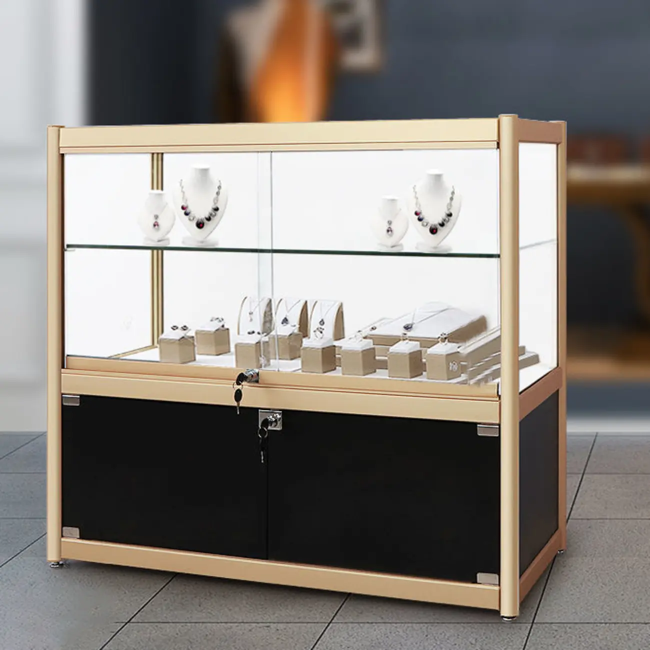 Gold Rectangular Metal Frame Glass Curio Cabinet