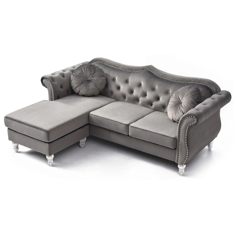 81 in. Velvet Chesterfield Sectional Sofa with 2-Throw Pillow - 81L x 35W x 34H