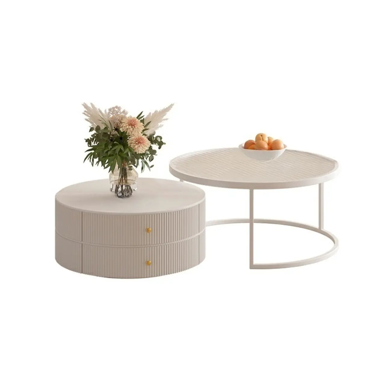 White Round Wheeled Round Wood Drawer Coffee Table