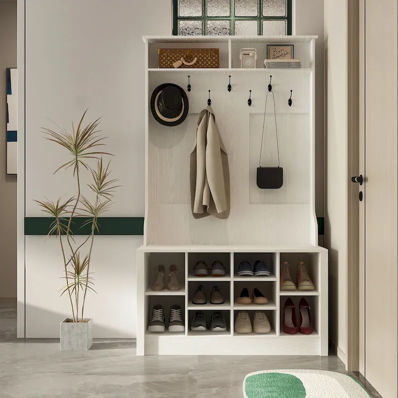 Entryway Hall Trees Bench Shoe Storage Cabinet Coat Rack Hooks White