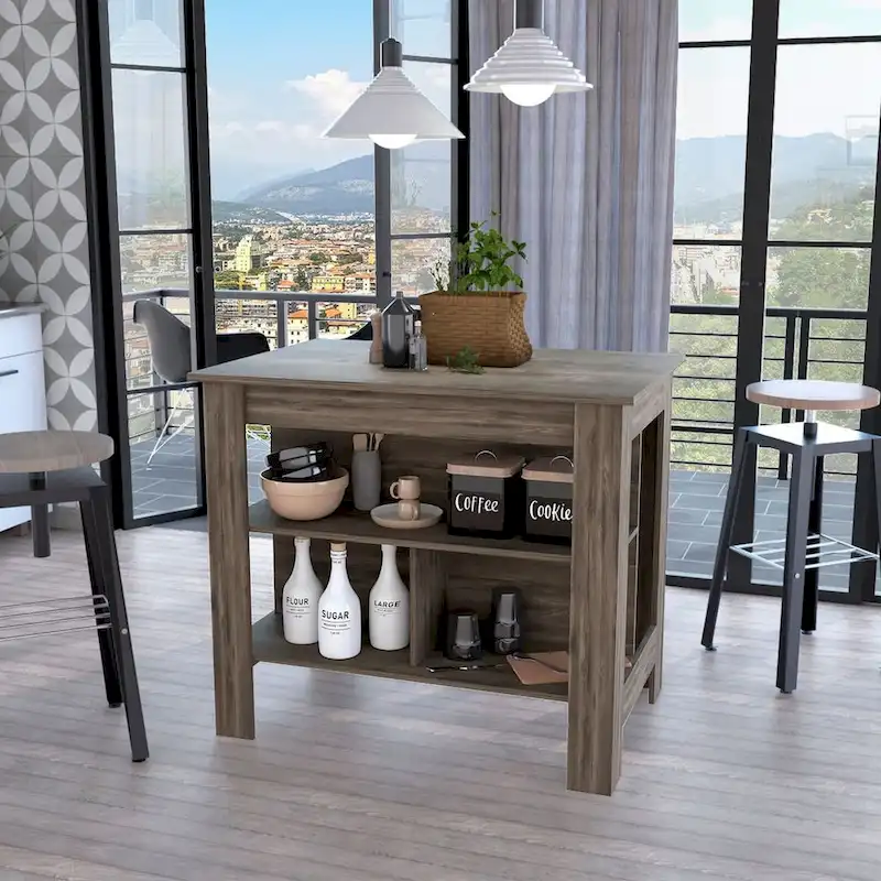 FM Furniture Brooklyn Kitchen Island, Three Concealed Shelves