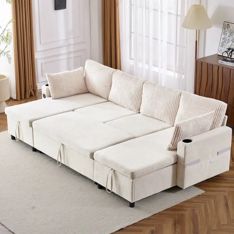 Sectional Sofa Pull-out Sofa Bed with Large Storage Space, 2 USB Ports and 2 Cup Holders Chenille Tufted Couch