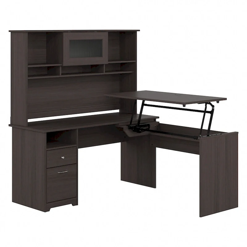 60W 3-position L-shaped Sit to Stand Desk with Hutch by