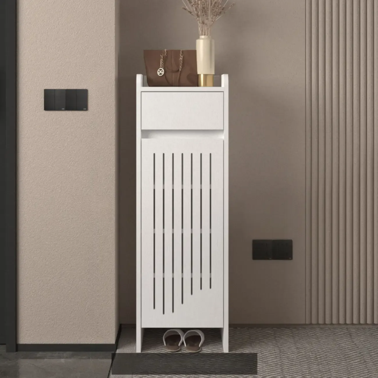 Modern Slim Wood Beige Entryway Shoe Cabinet