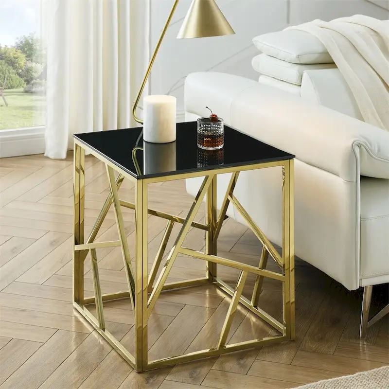 Metal Frame Tempered Glass End Table with Storage Space