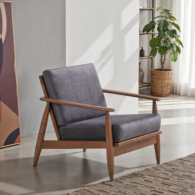 Lissa Accent Chair, Charcoal Gray Soft Cushioning, Brown Wood Frame