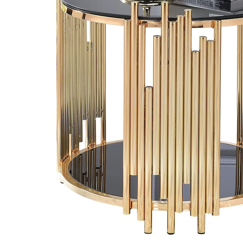 Modern Metal and Glass End Table with Tubing Design, Black and Gold