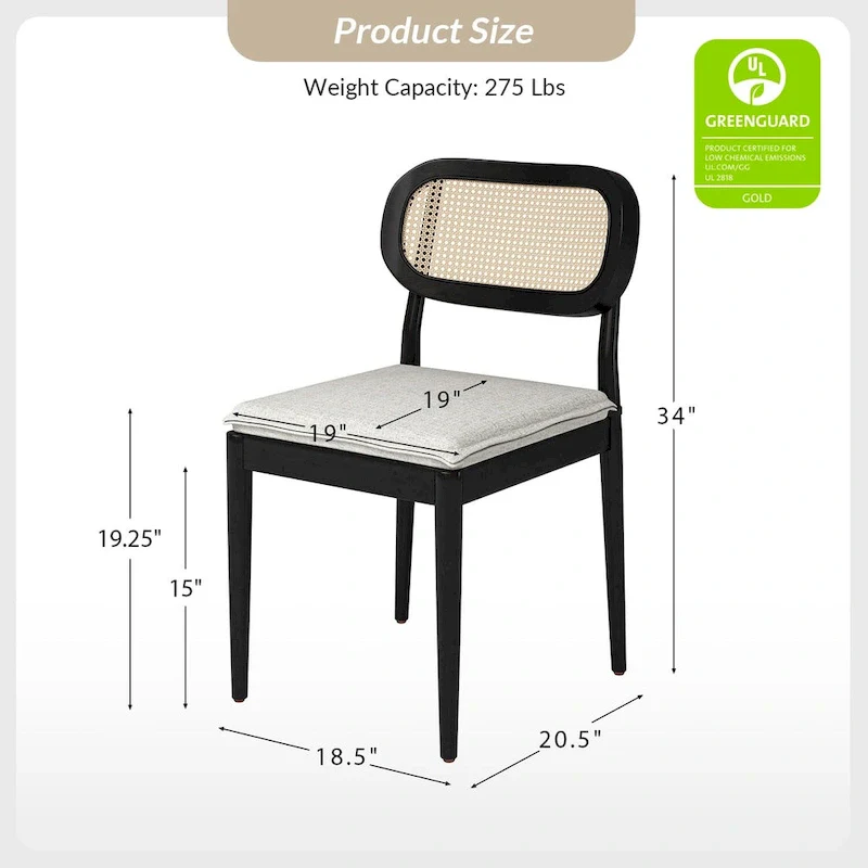 Modern Solid Wood Dining Chair with Ratten Back and Removable Cushion Set of 2 by