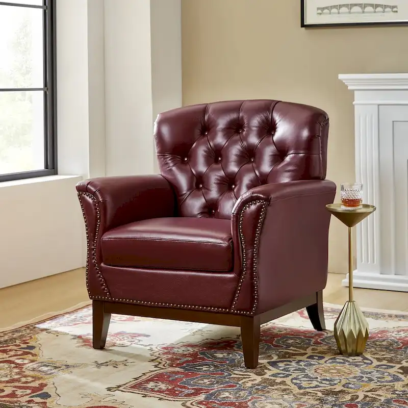 Traditional Genuine Leather Accent Chair with Tufted Wing Back