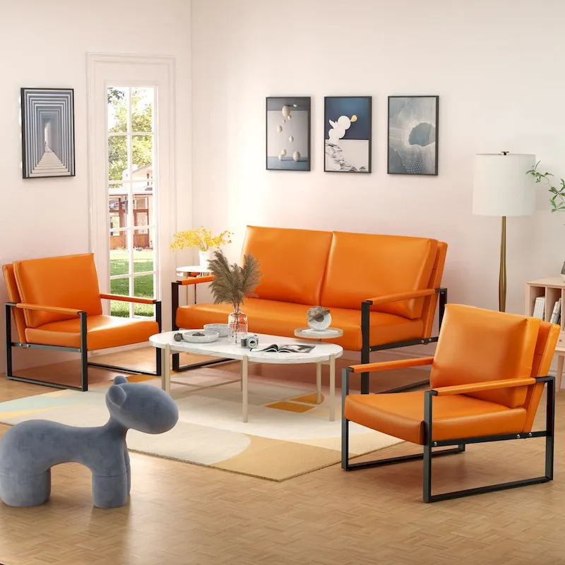 Mieres Mid-Century Style 3-Piece PU Leather Living Room Sofa Set Including 2 Armchairs and 1 Loveseat Sofa