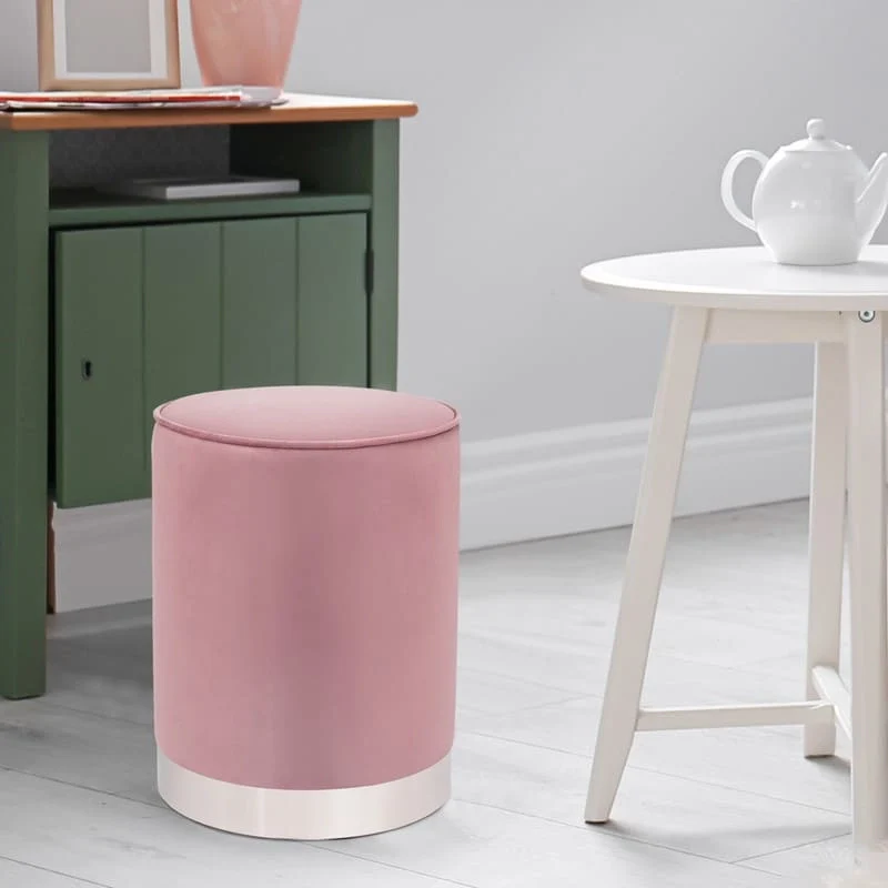 Vanity Upholstered Round Velvet Ottoman Footstool Silver Trim