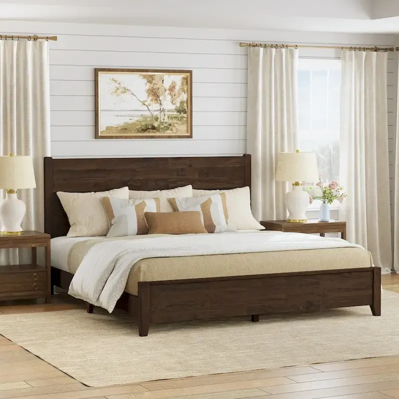 LUE BONA Pine Platform Bed with Distressed Headboard, Solid Wood Queen Bed Frame/King Bed Frame/Full Bed Frame