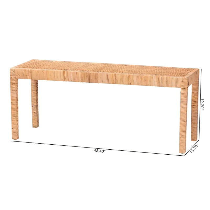 Abelia Modern Bohemian Natural Rattan and Mahogany Wood Accent Bench