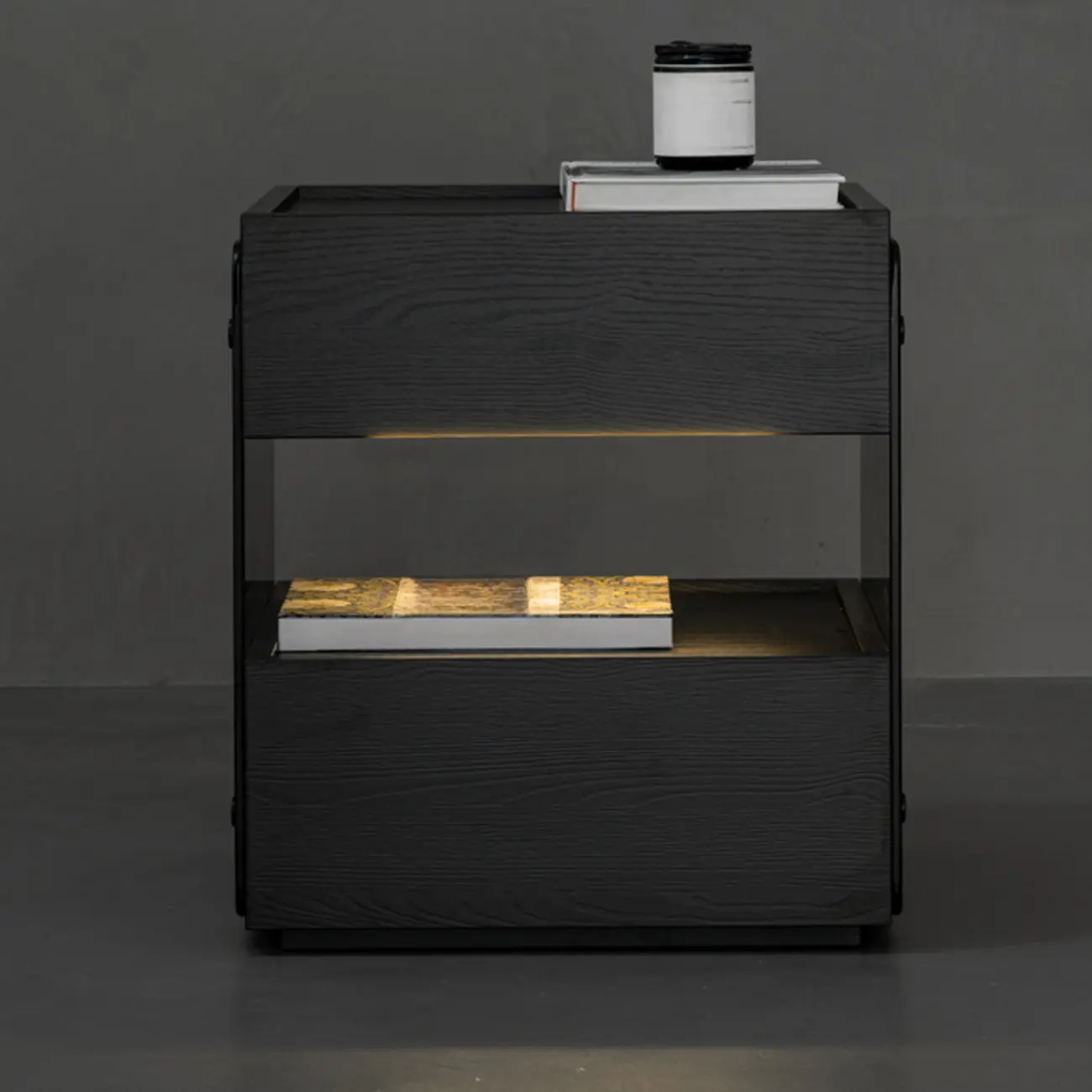 Modern Pine Wood 2 Drawer Nightstand with Lighting