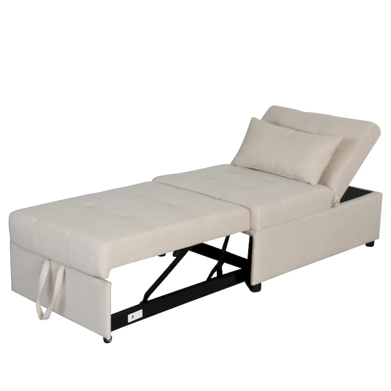 Beige Single Folding Ottoman Sofa Bed with Adjustable Back